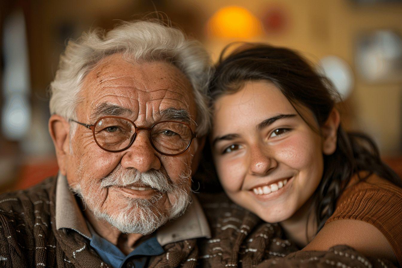 Gros plan sur le visage souriant d'une jeune femme et d'un homme &acirc;g&eacute; avec des lunettes.
