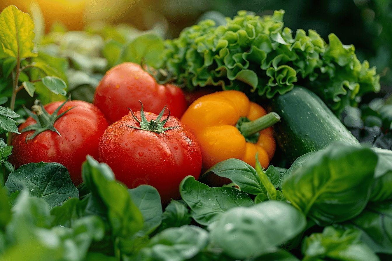 Gros plan sur une vari&eacute;t&eacute; de l&eacute;gumes et d'herbes aromatiques color&eacute;s.
