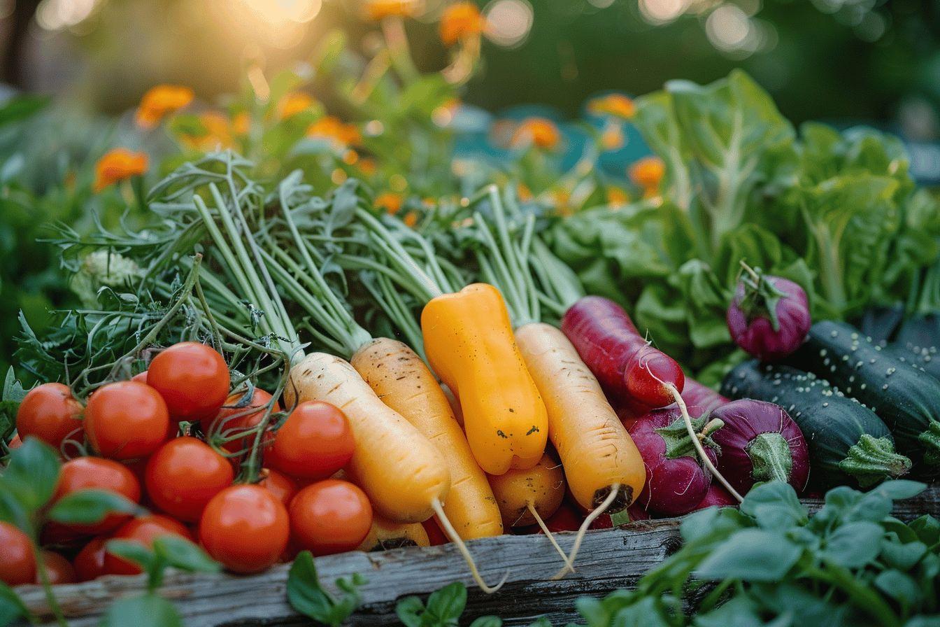 Une vari&eacute;t&eacute; de l&eacute;gumes frais, biologiques et color&eacute;s dans un cadre naturel