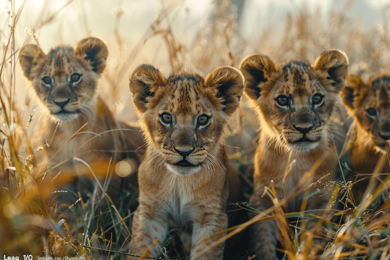 Gros plan sur trois lionceaux dans l'herbe haute