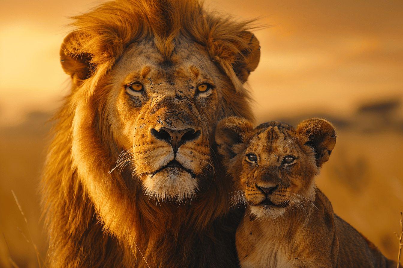 Deux lions majestueux c&ocirc;te &agrave; c&ocirc;te dans un paysage dor&eacute;