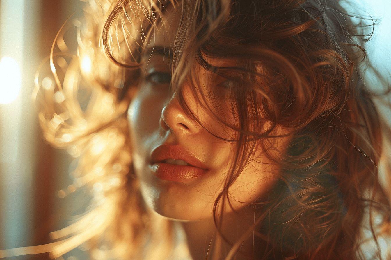 Gros plan sur le visage d'une femme aux cheveux bruns boucl&eacute;s, &eacute;clair&eacute;s par la lumi&egrave;re.