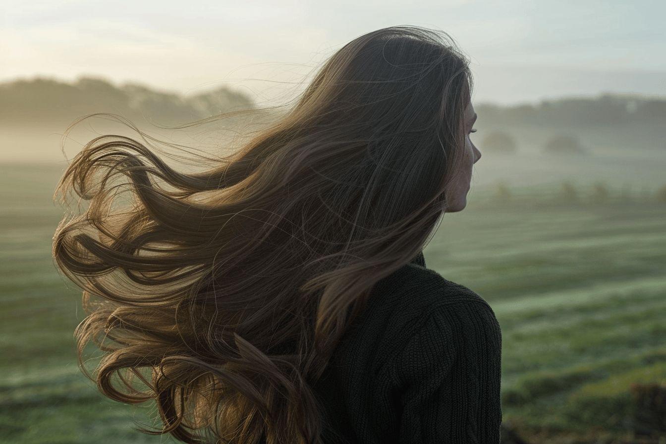 Une femme de profil avec ses longs cheveux boucl&eacute;s volant dans le vent devant un paysage brumeux.
