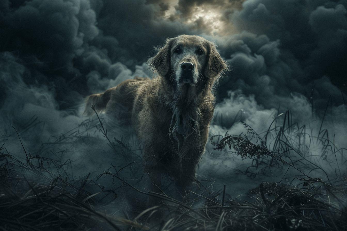 Un chien au regard sombre se tient debout dans un paysage sombre et orageux