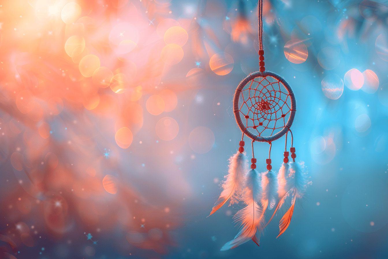 Capteur de r&ecirc;ves avec des plumes suspendues dans un d&eacute;cor lumineux et f&eacute;erique