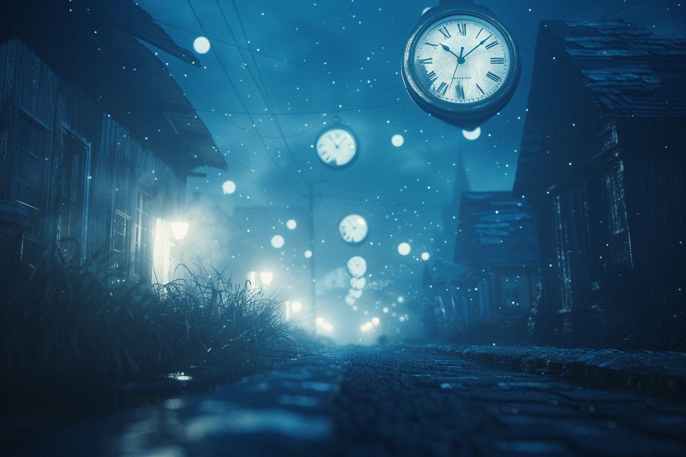 Paysage nocturne fantastique avec horloges et lumi&egrave;res scintillantes
