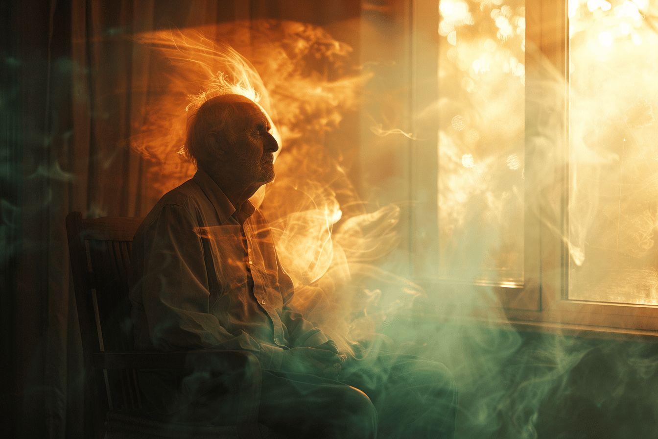Silhouette d'un homme entouré de fumée dorée, devant une fenêtre lumineuse.