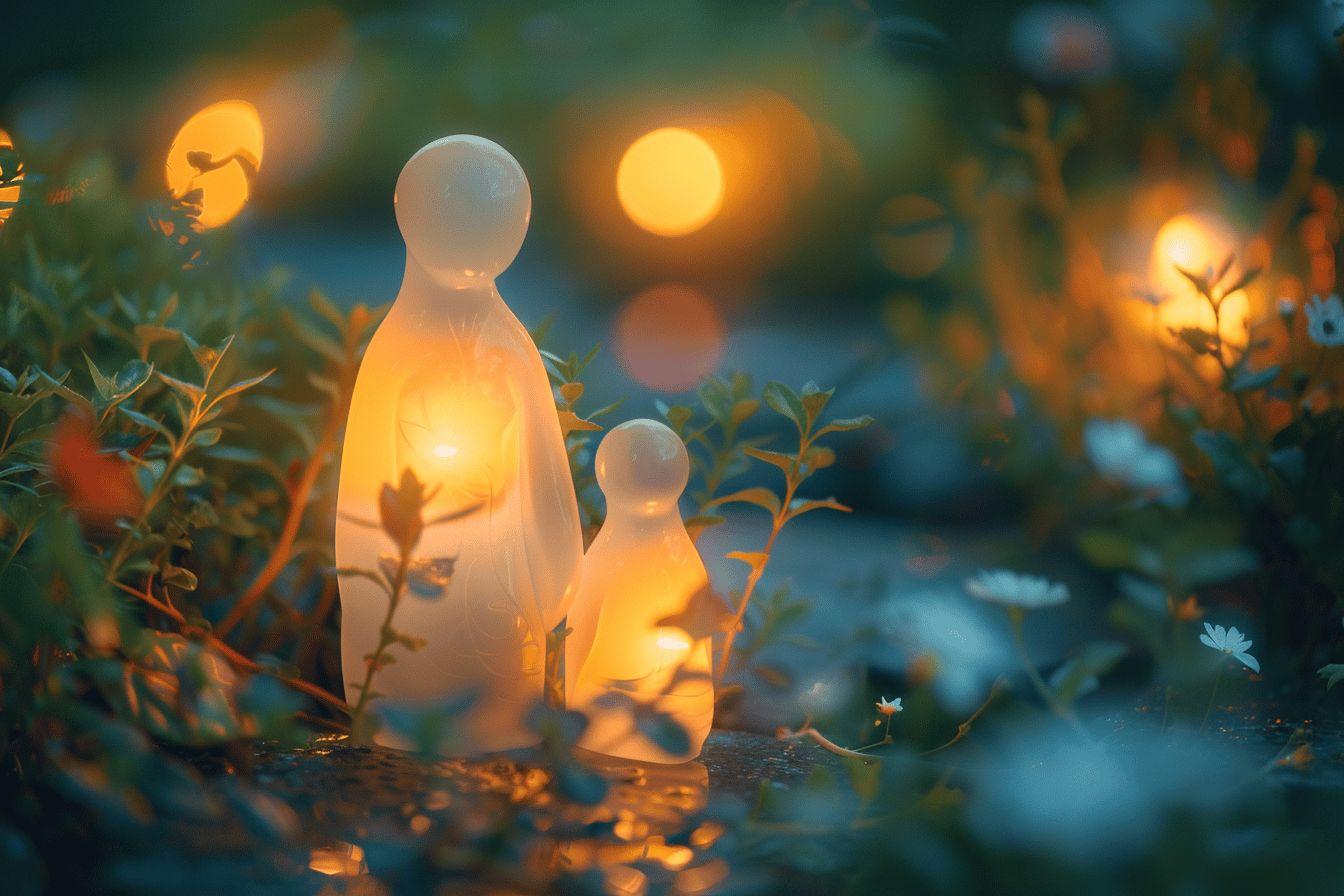 Figurines lumineuses dans un paysage automnale avec des fleurs et des lumières chaudes.