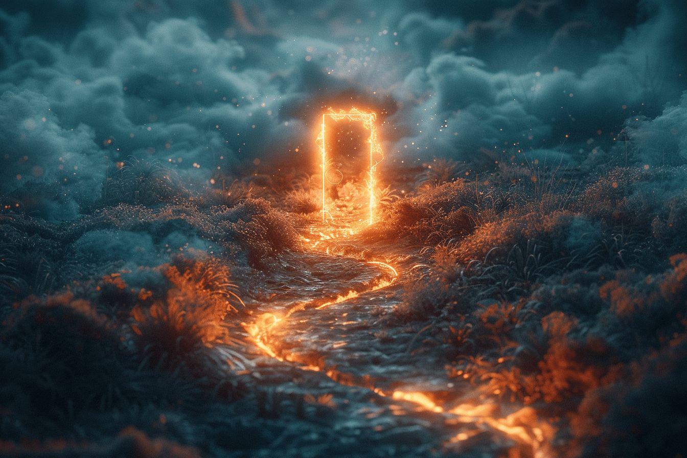 Une porte lumineuse dans un paysage forestier sombre et mystérieux