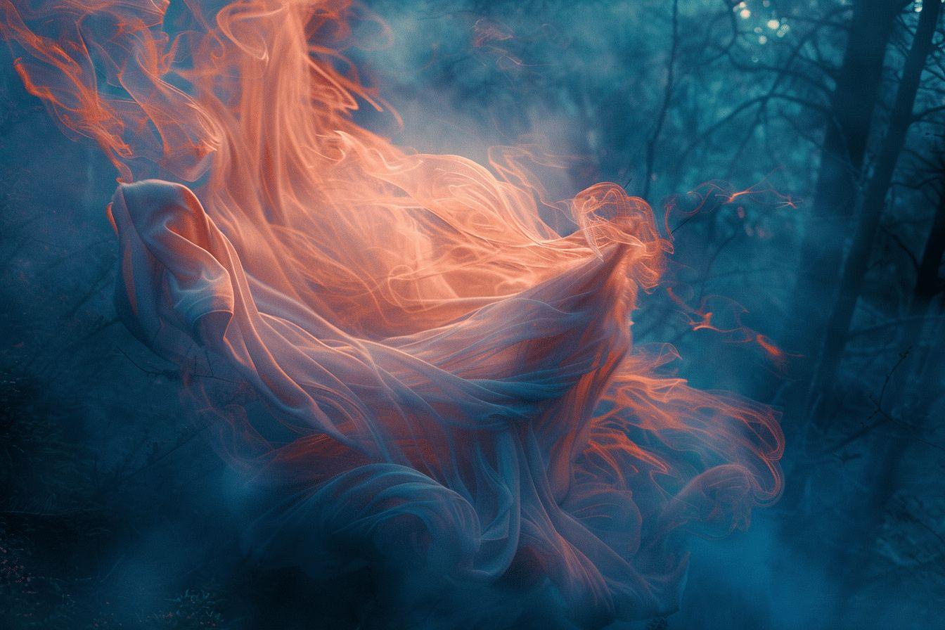 Tourbillons de fumée orange et bleu dans une scène forestière mystique