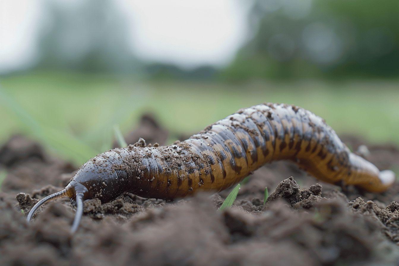 Plan rapproché d'un ver de terre brun et rayé dans le sol