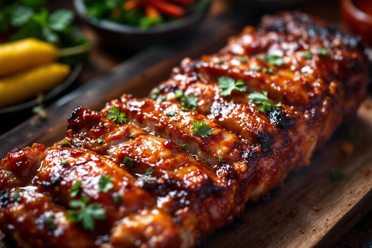 Travers de porc dor&eacute;s brillants avec garniture verte