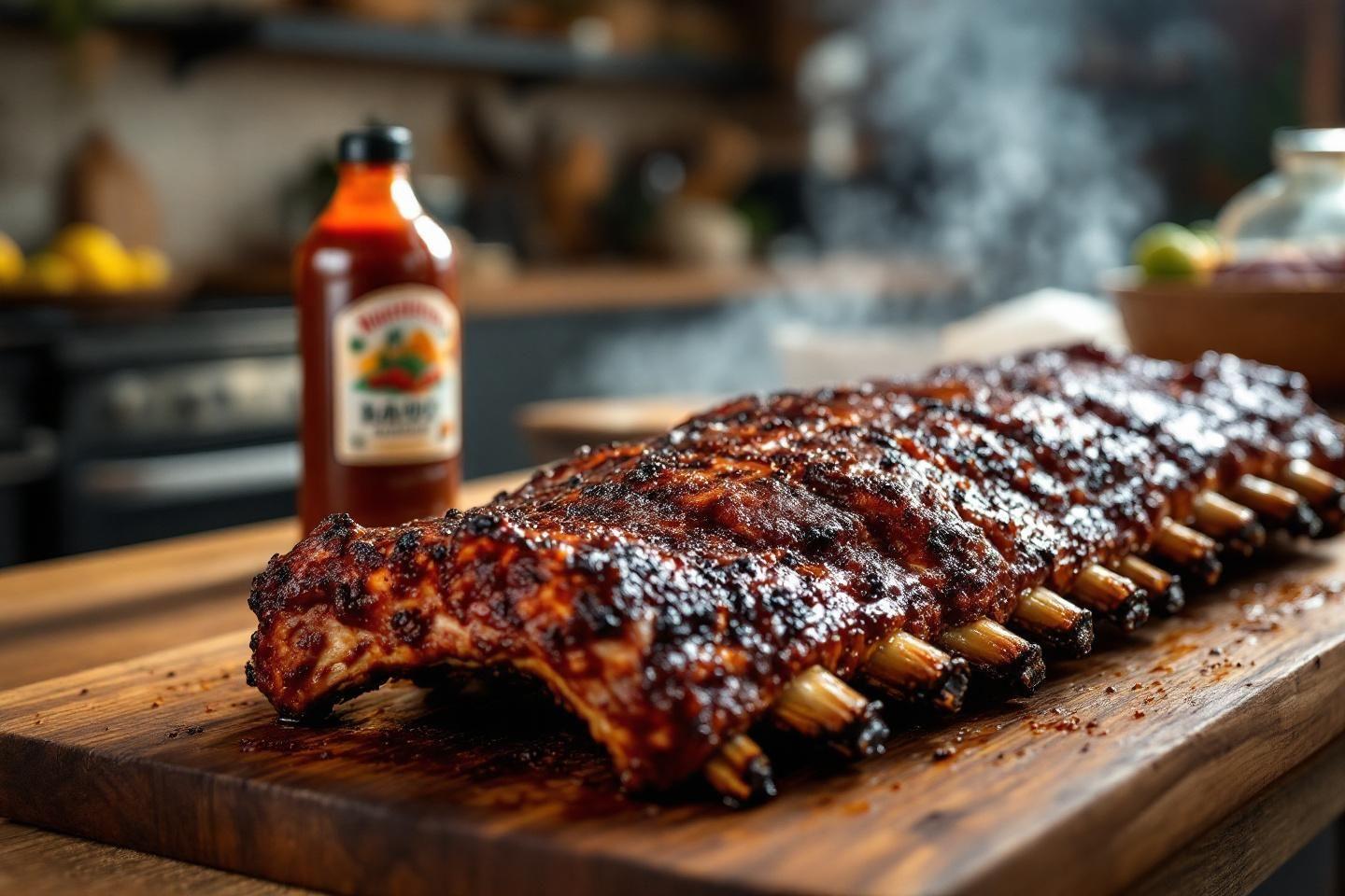 C&ocirc;tes de porc grill&eacute;es avec sauce barbecue sur planche