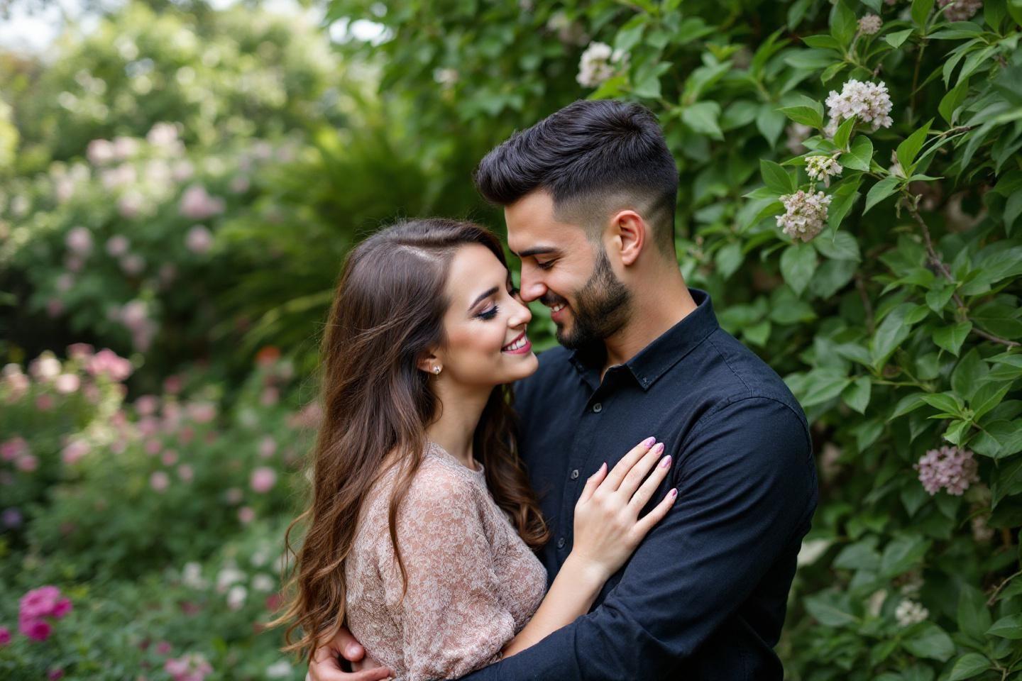 Un couple enlac&eacute;, souriant tendrement dans un environnement fleuri