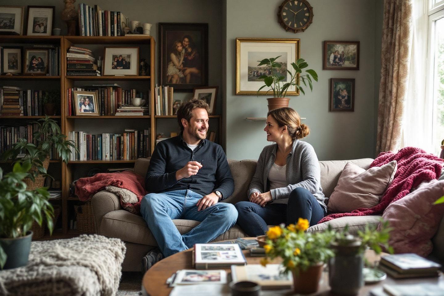 Couple discutant confortablement dans un salon chaleureux