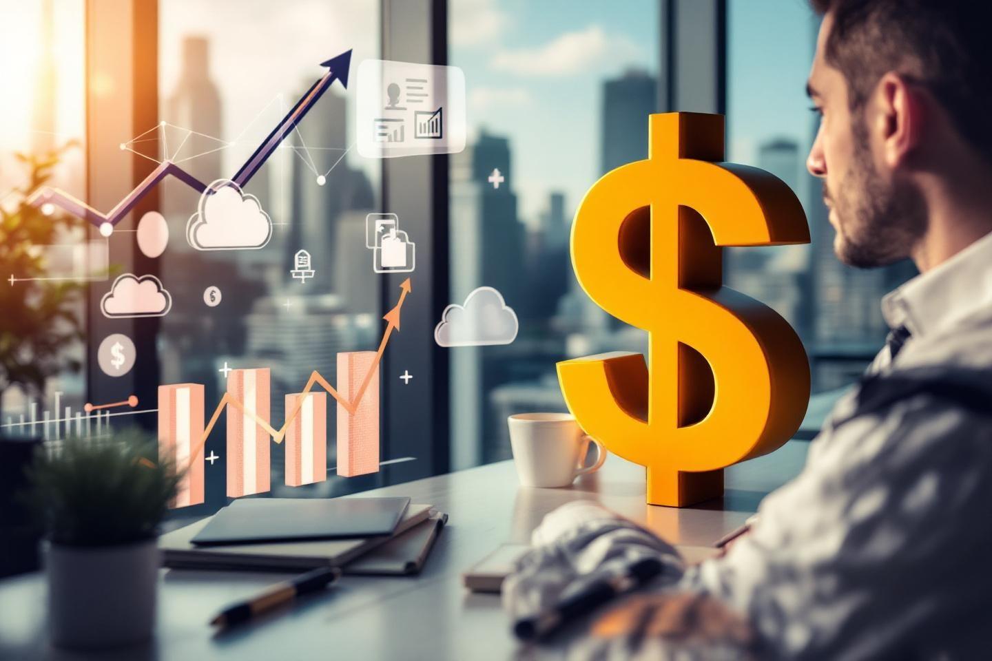 Graphiques de croissance, icônes cloud et symbole dollar sur bureau