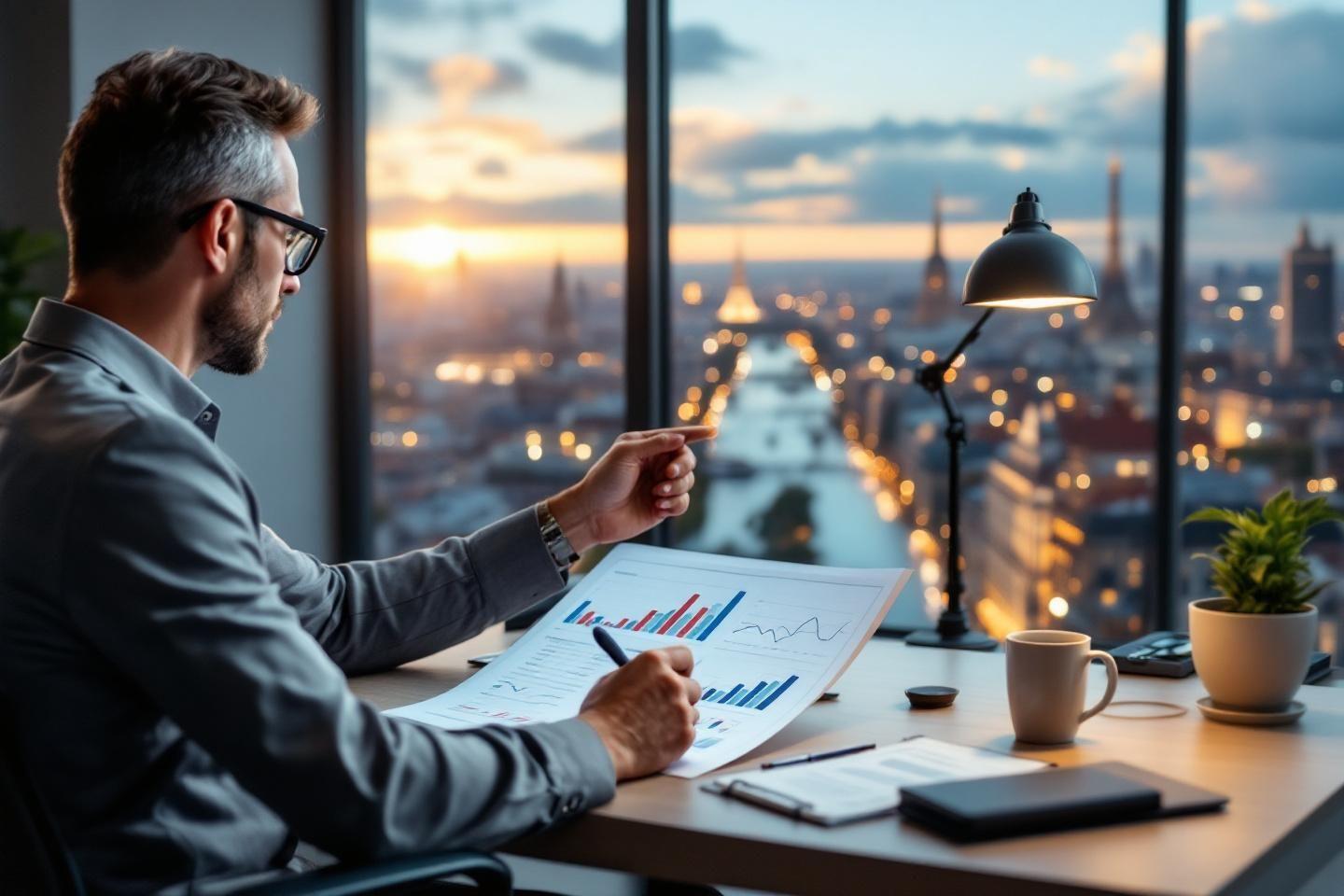 Homme travaillant sur des graphiques avec vue panoramique urbaine