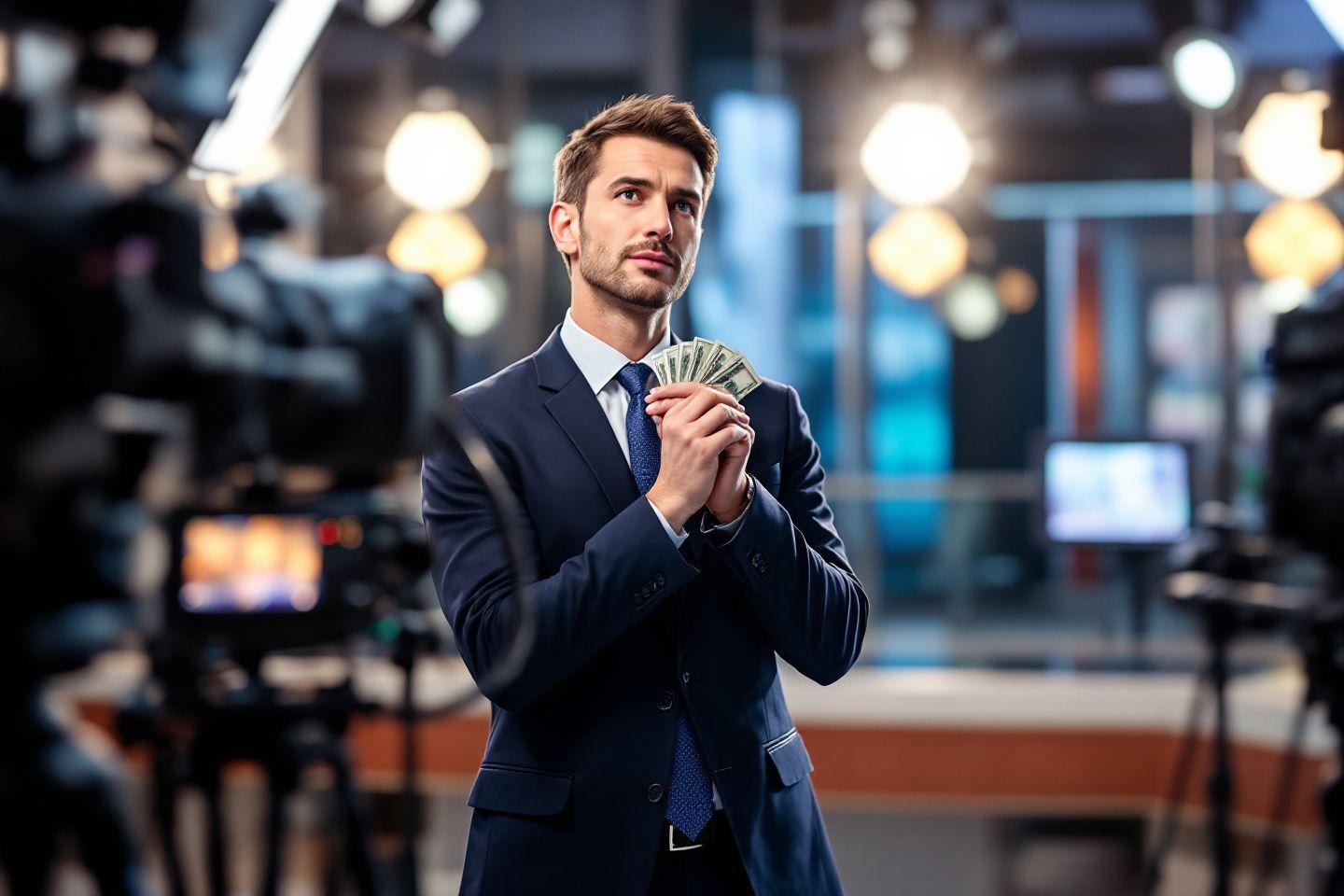 Homme en costume tenant des billets de banque dans un studio