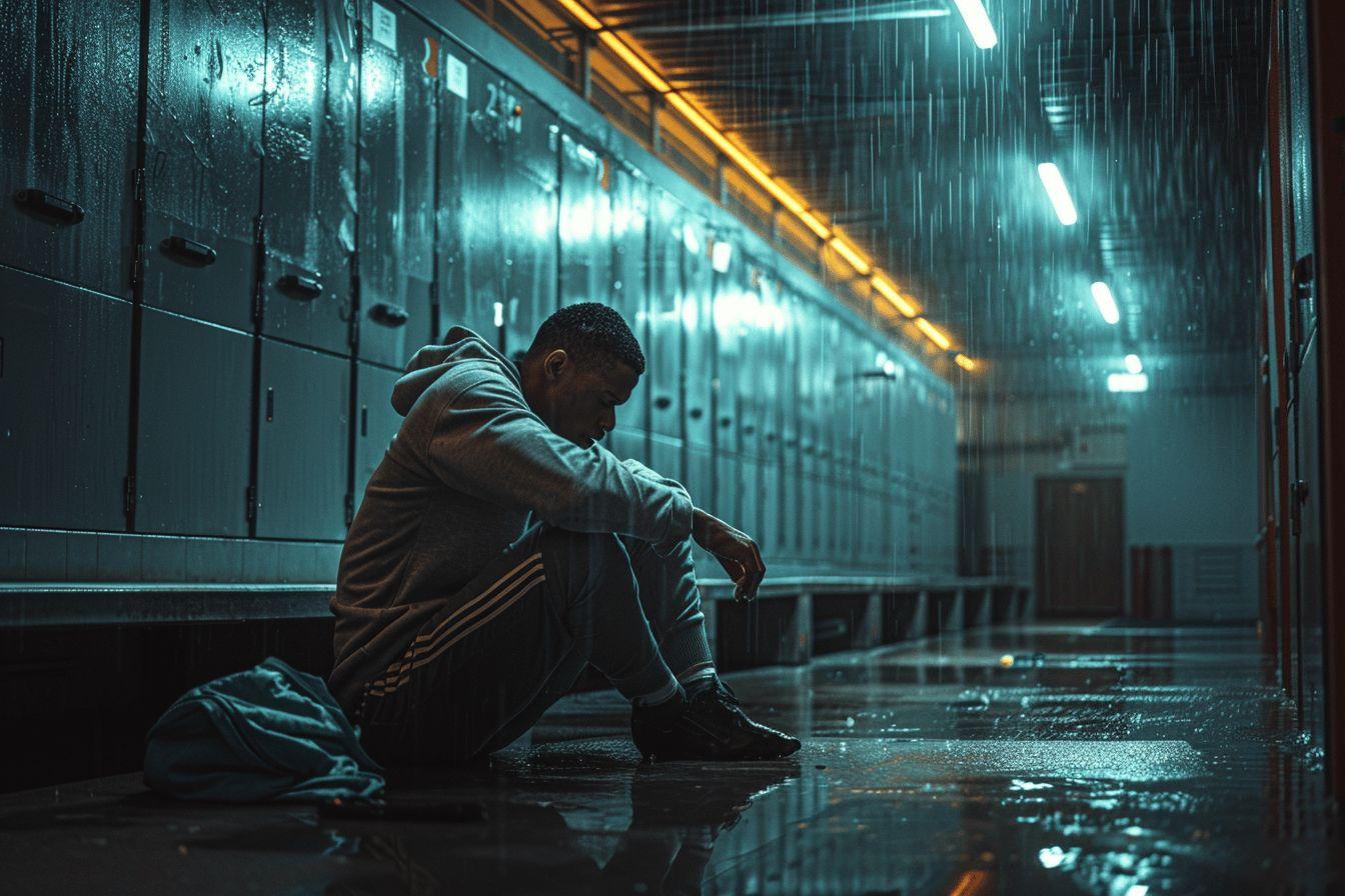 Un homme seul, assis dans un couloir sombre et pluvieux