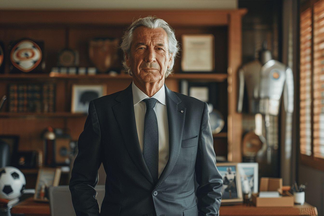 Homme &acirc;g&eacute; en costume gris dans un bureau &eacute;l&eacute;gant