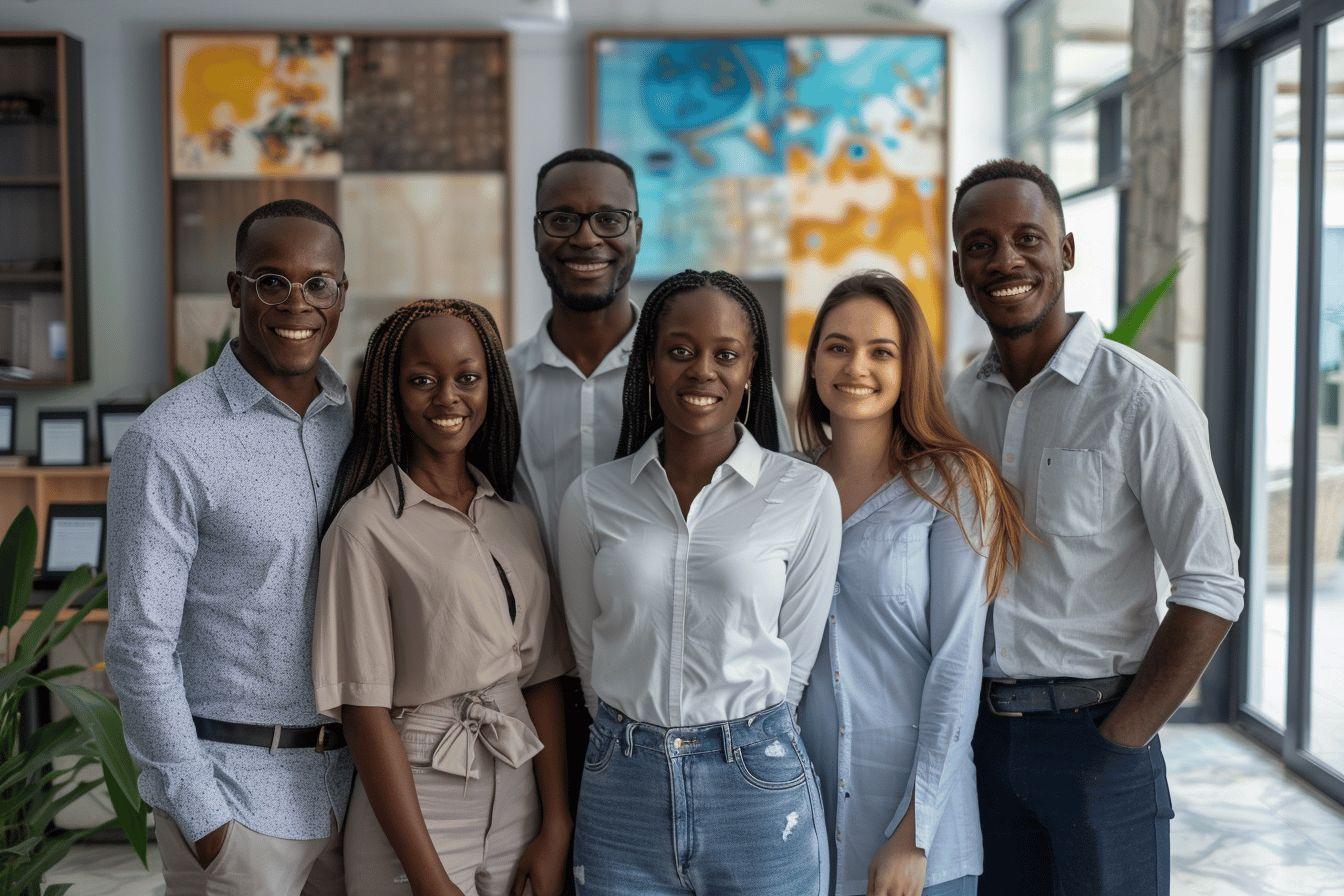 Groupe de cinq professionnels souriants, hommes et femmes de diff&eacute;rentes origines.