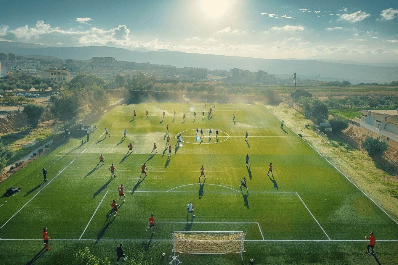 Une vue a&eacute;rienne d'un terrain de football o&ugrave; des joueurs s'affrontent