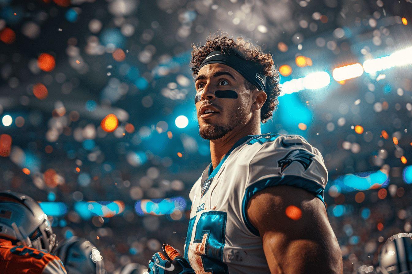 Un joueur de football professionnel debout sur le terrain sous les projecteurs.