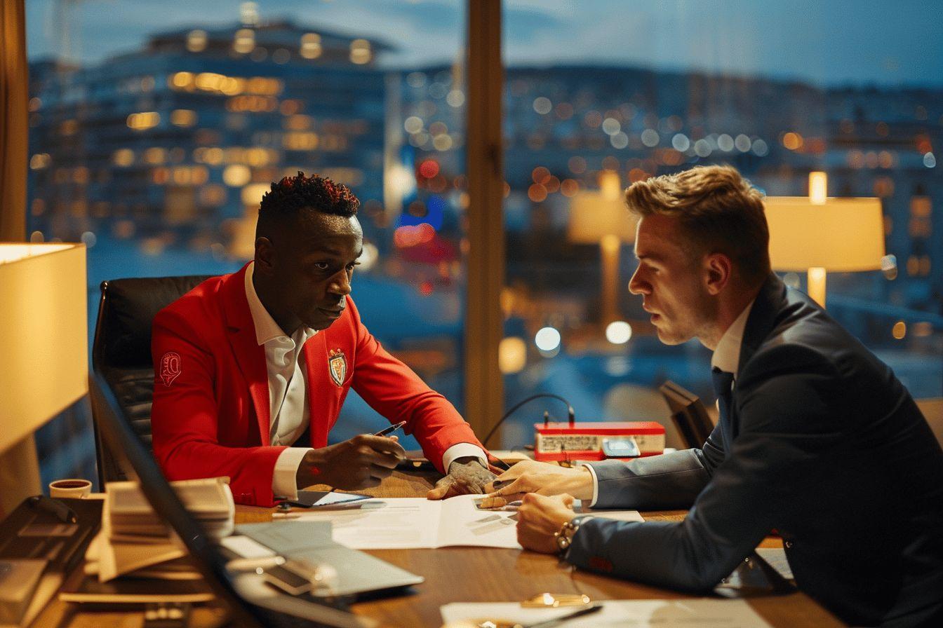 Deux hommes d'affaires assis &agrave; une table, discutant dans un bureau avec vue panoramique