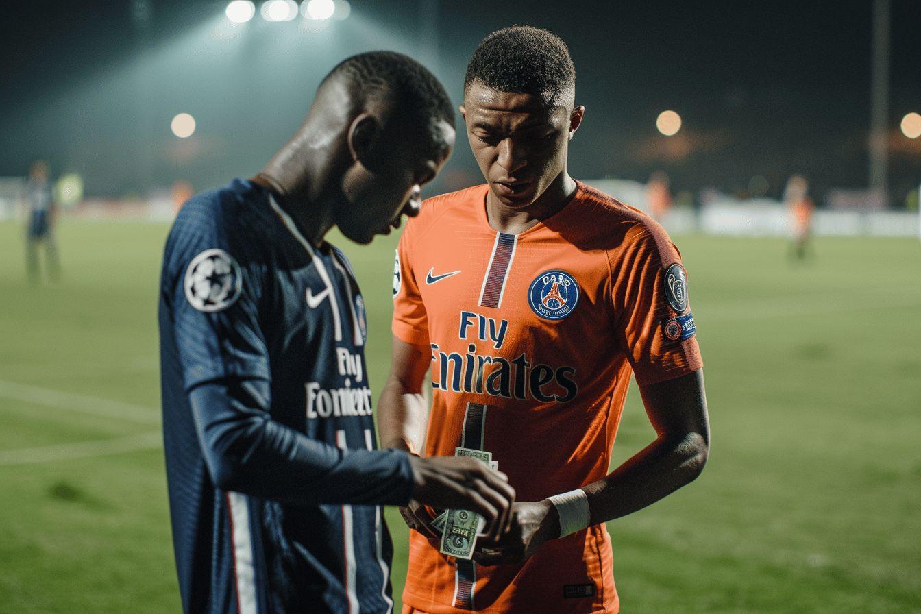 Deux joueurs de football en discussion anim&eacute;e sur le terrain de jeu.