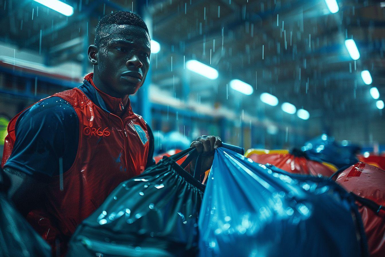 Un livreur de nourriture marchant sous la pluie dans un environnement urbain.