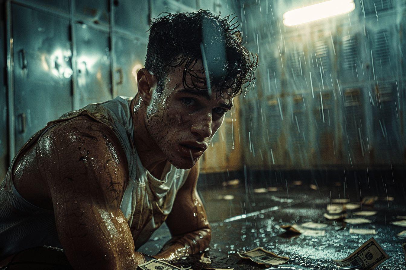 Un homme dans la rue sous une pluie battante, couvert de boue et de d&eacute;bris.