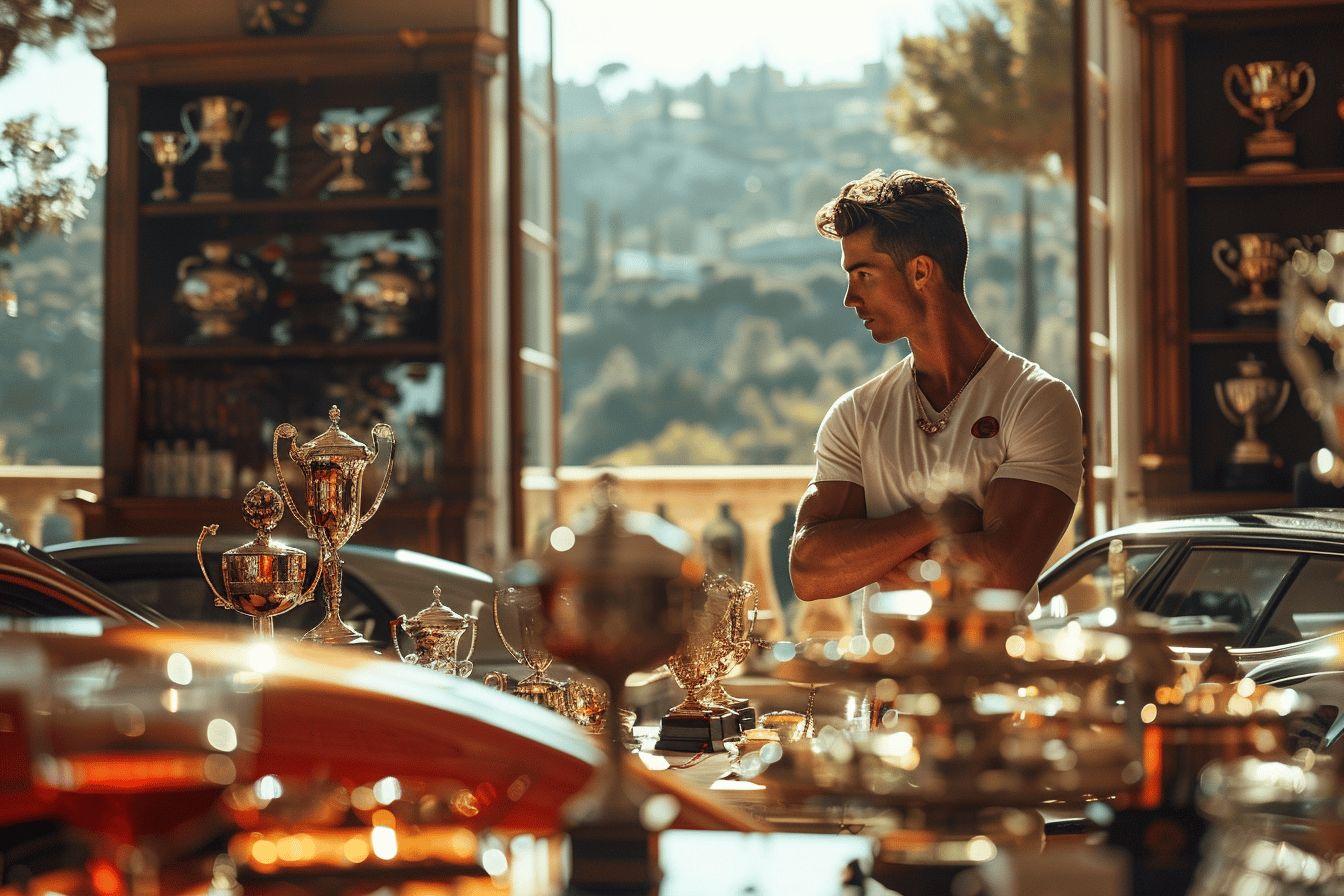 Homme debout devant des troph&eacute;es et voitures anciennes dans un d&eacute;cor vintage.