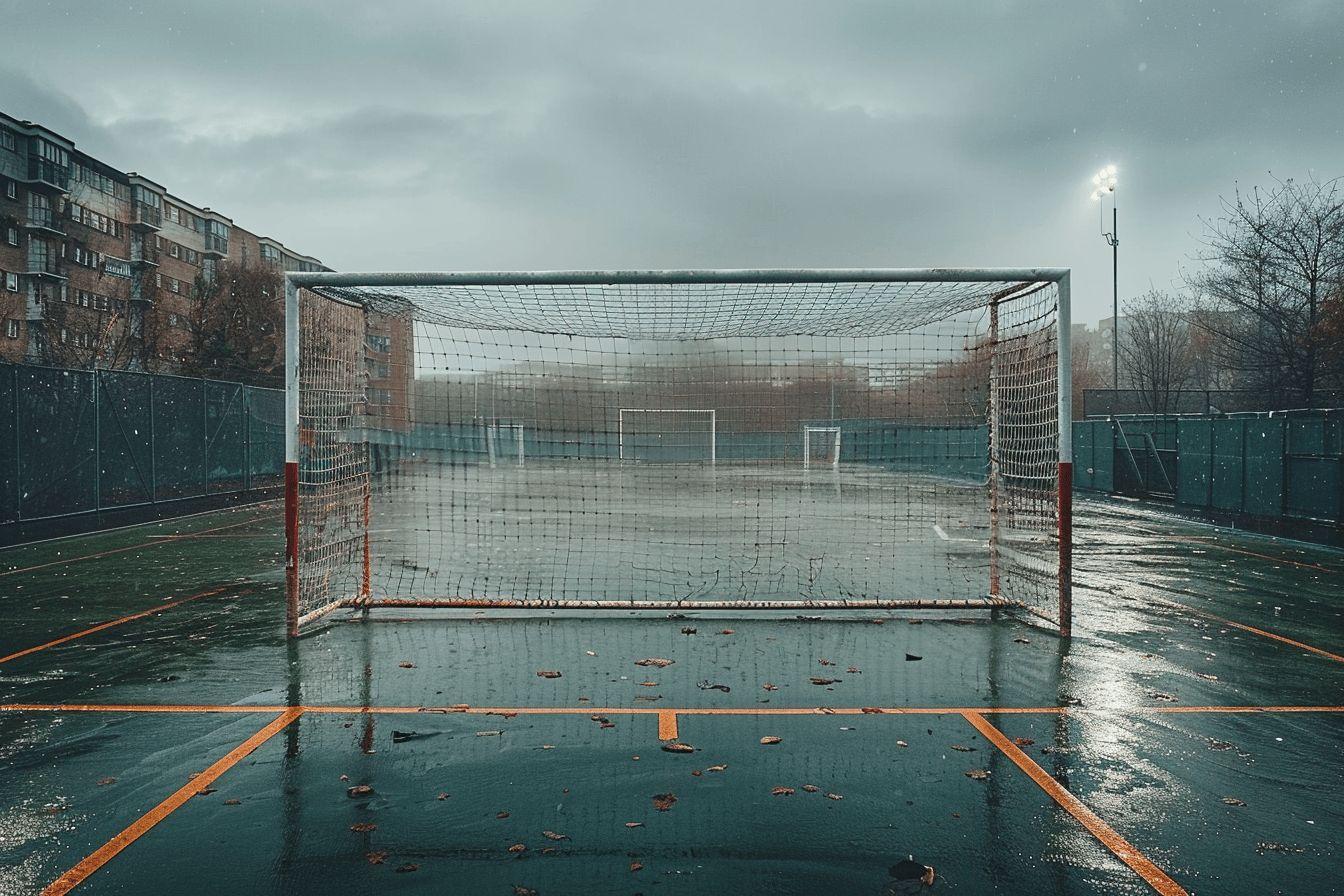 Terrain de football inond&eacute; avec des buts et des filets sous la pluie