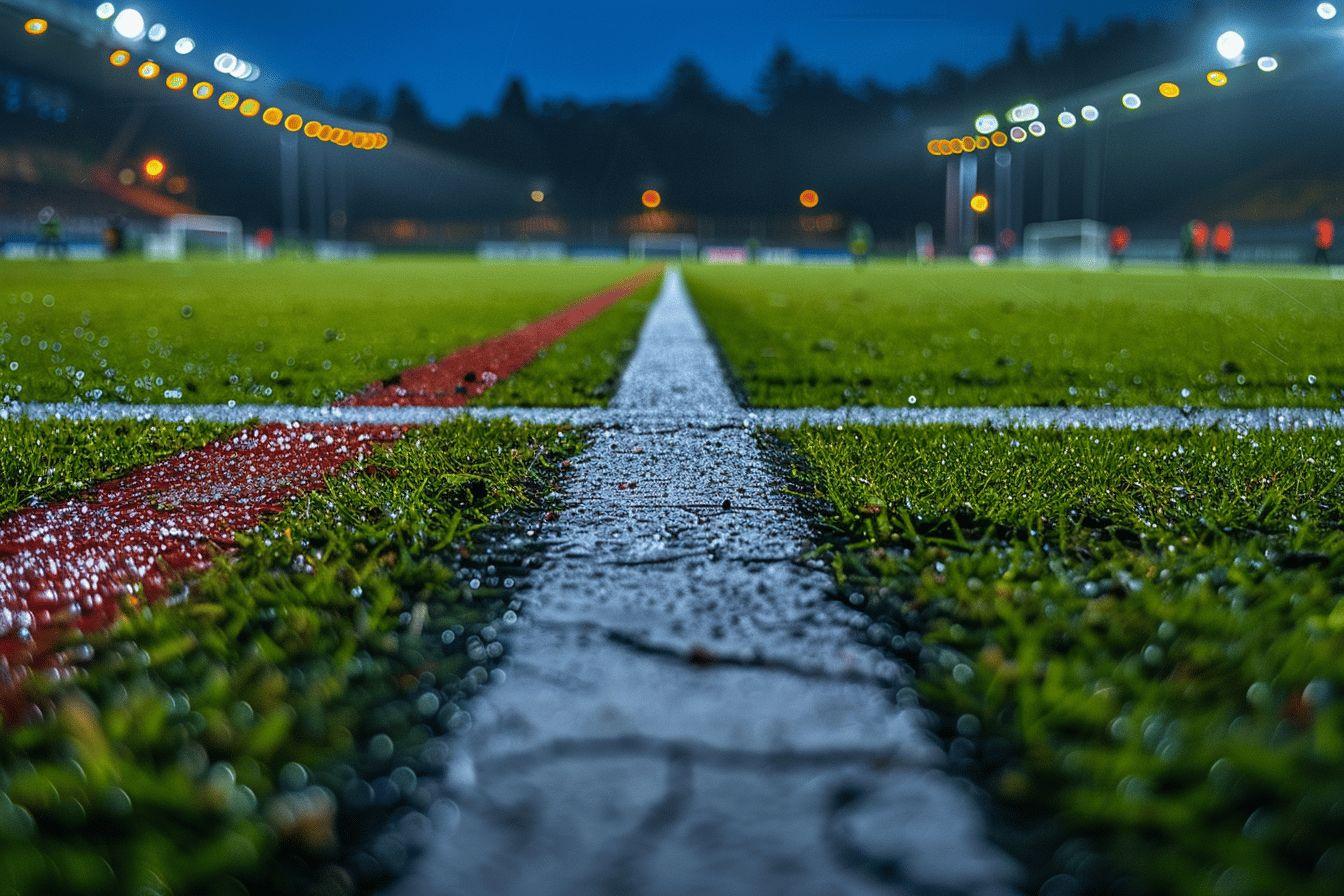 Stade de football sous les lumi&egrave;res de soir&eacute;e, avec pelouse verte et chemin &eacute;clair&eacute;
