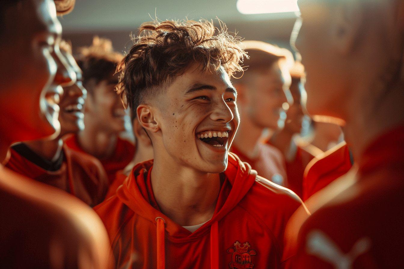 Un jeune homme souriant avec des cheveux boucl&eacute;s, v&ecirc;tu d'un maillot rouge.