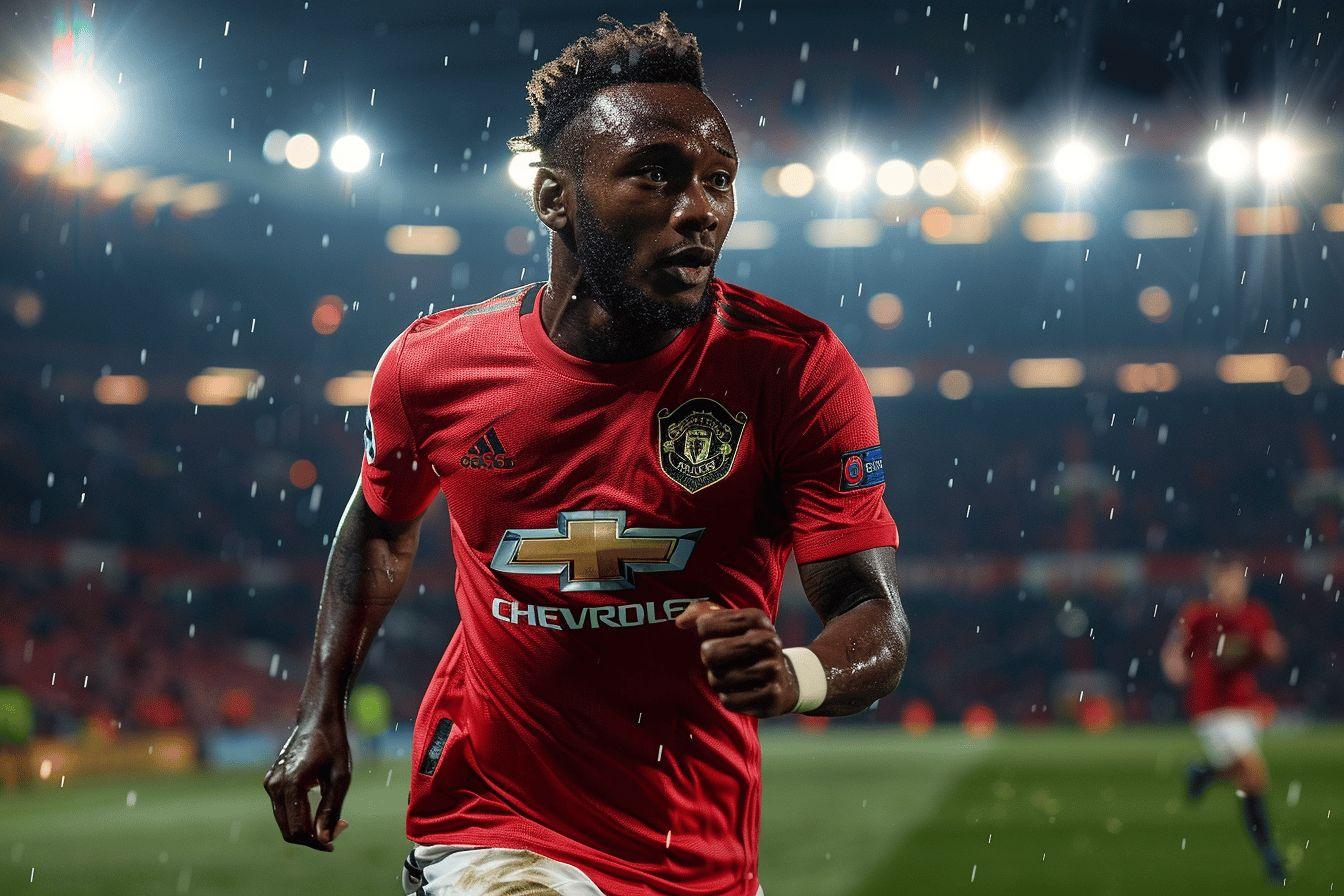 Joueur de football masculin en maillot rouge sous la pluie