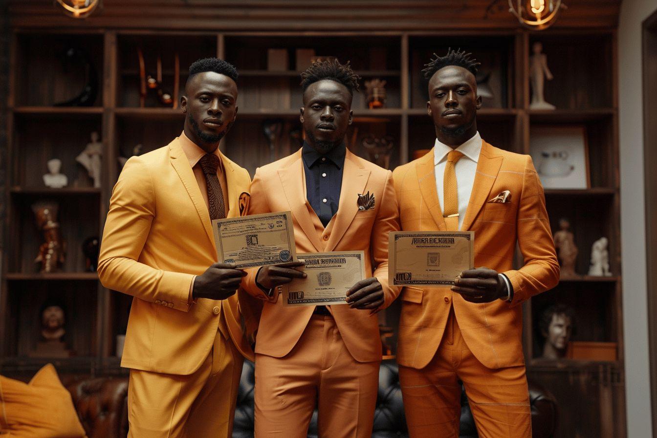 Trois hommes en costume jaune moutarde posant fi&egrave;rement avec des papiers &agrave; la main.