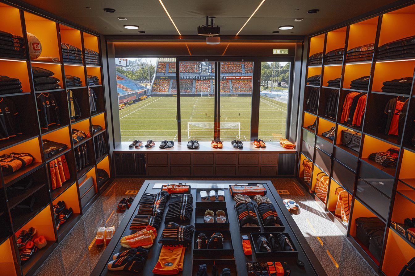 Vestiaire spacieux et lumineux d'une &eacute;quipe sportive, rempli d'&eacute;quipements et de v&ecirc;tements orange vif.