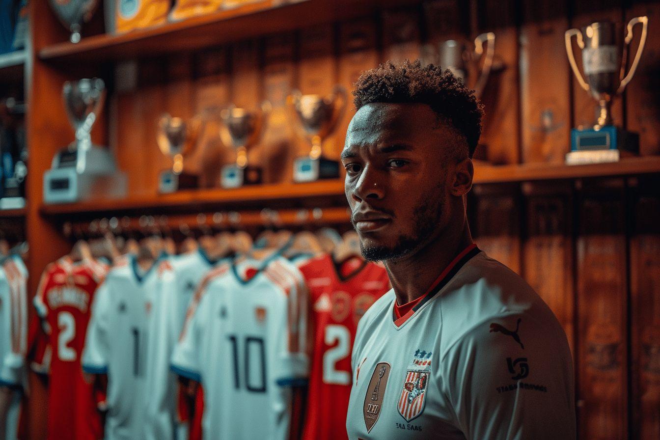 Un joueur de football professionnel dans un vestiaire rempli d'&eacute;quipements