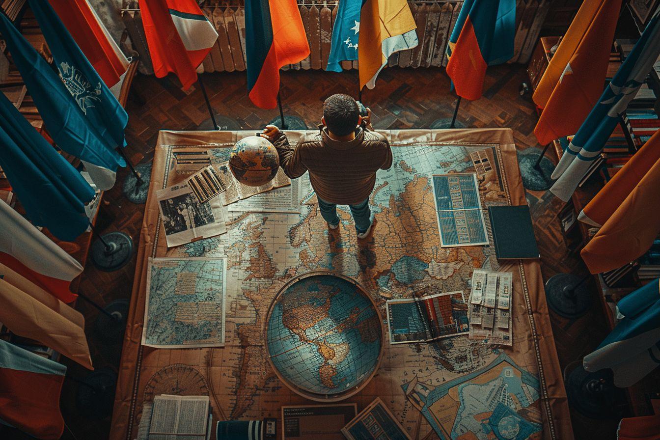 Vue de dos sur des cartes et un globe entour&eacute;s de drapeaux