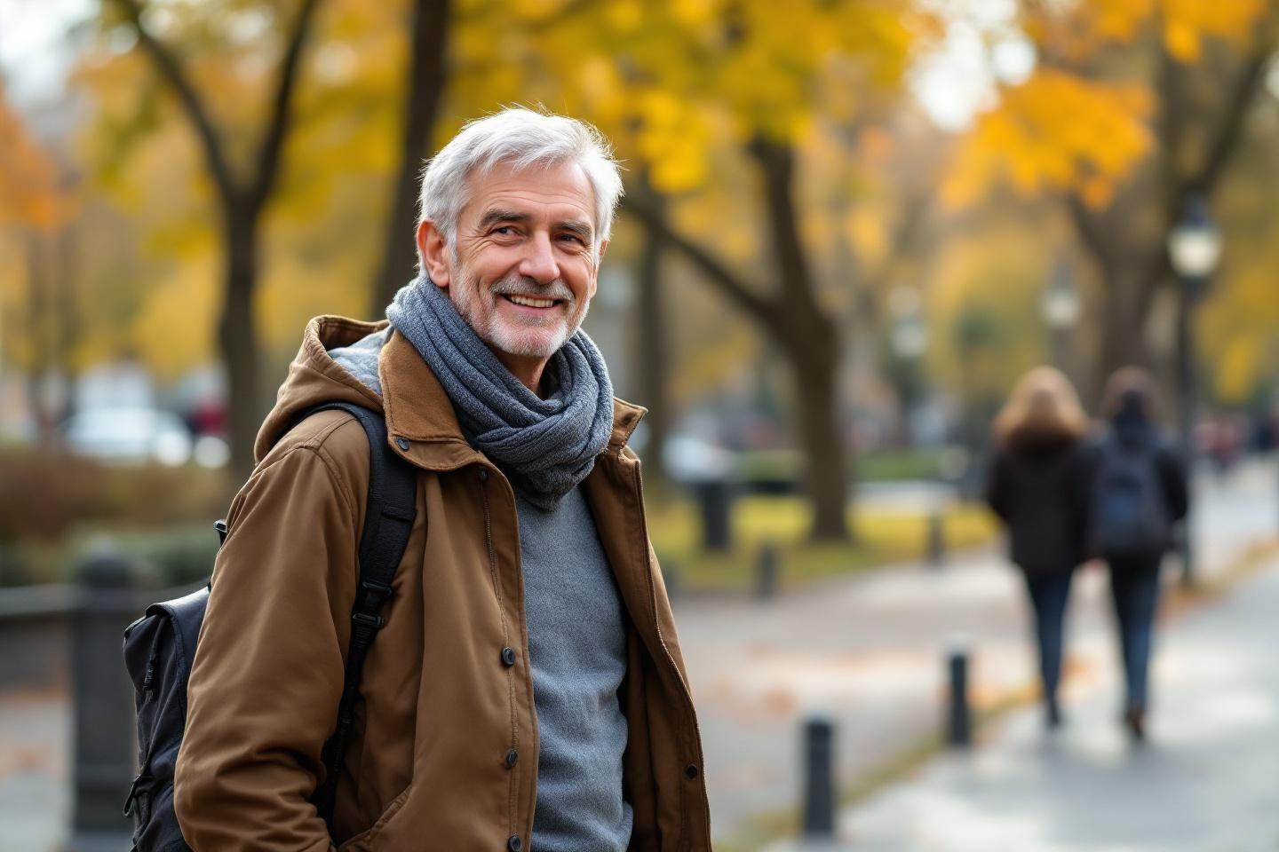 Homme &acirc;g&eacute; &eacute;l&eacute;gant portant un manteau et une &eacute;charpe grise