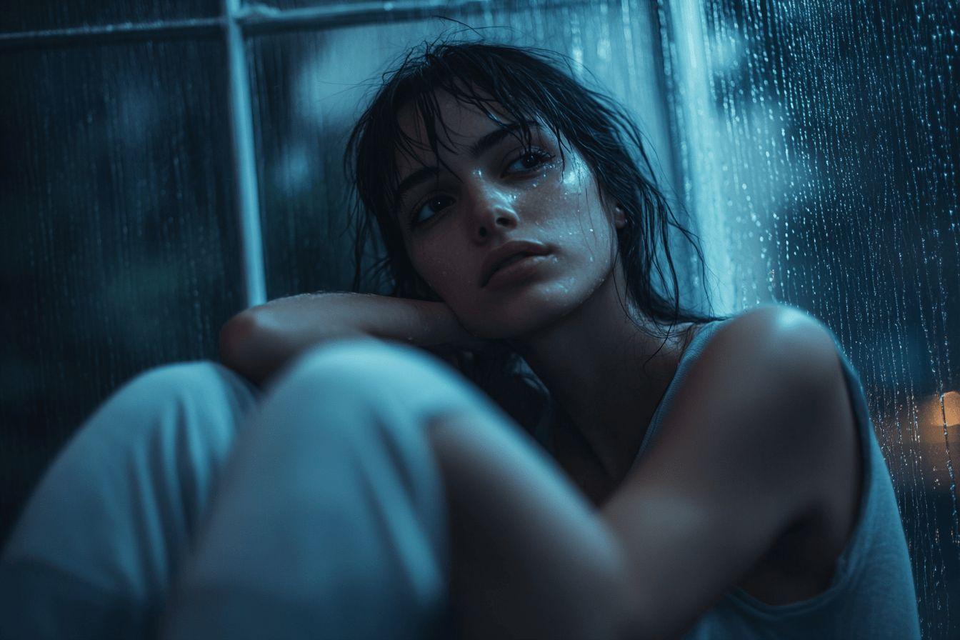 Femme en détresse, eau coulant, atmosphère sombre et mélancolique