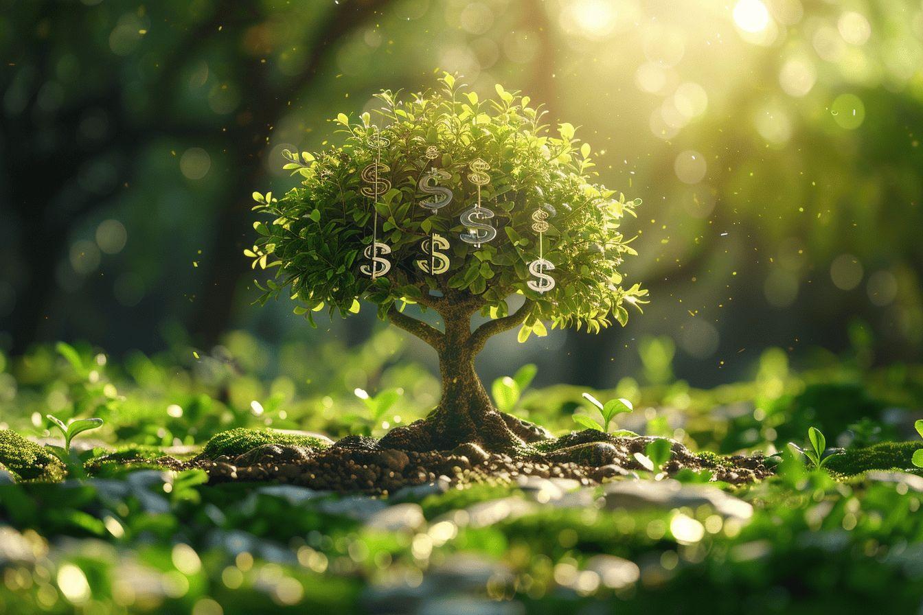 Arbre miniature avec des feuilles luxuriantes et des symboles du dollar