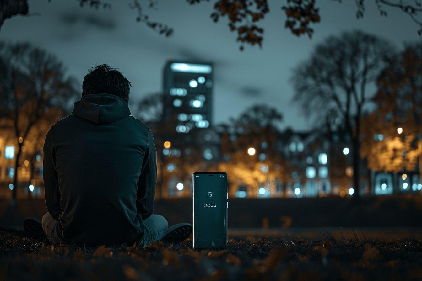 Silhouette dos &agrave; la ville, smartphone allum&eacute; dans l'herbe