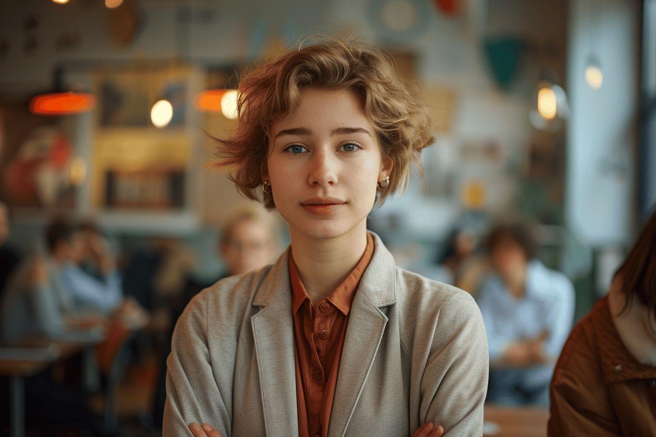 Femme aux cheveux boucl&eacute;s portant un blazer gris
