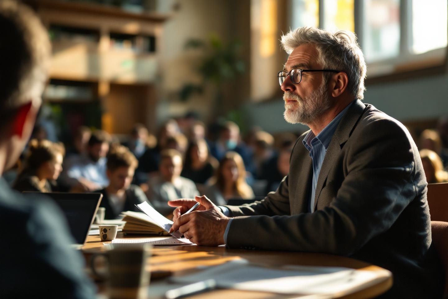 Enseignant senior avec des lunettes parlant devant un auditoire