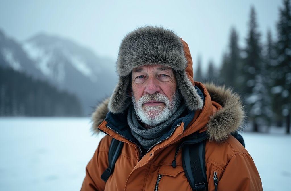 Homme âgé en veste orange dans un environnement montagneux hivernal