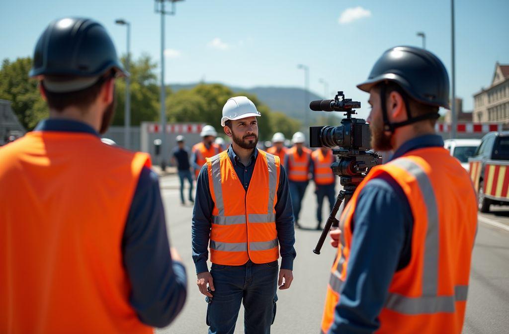 Ouvriers en gilets orange avec caméra et casques