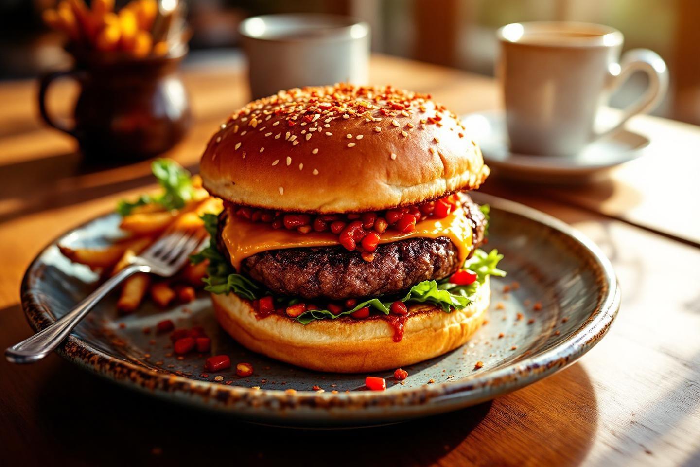 Burger appétissant avec fromage et condiments sur assiette