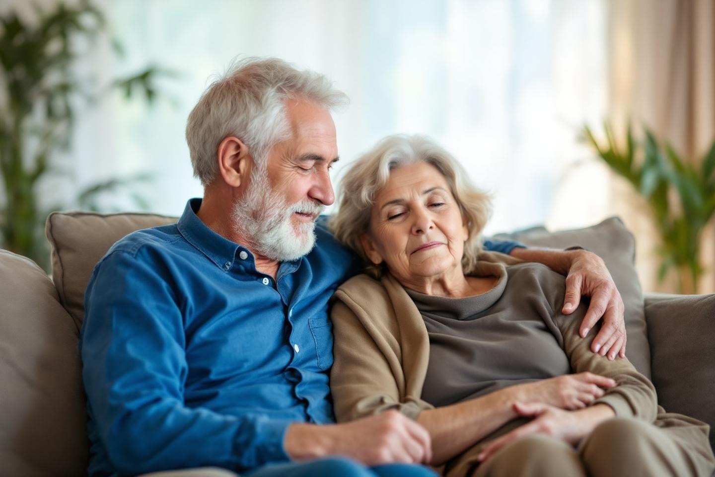 Personnes &acirc;g&eacute;es enlac&eacute;es, yeux ferm&eacute;s, dans un salon lumineux